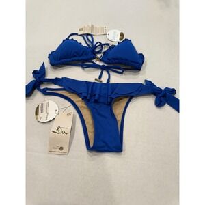 Eloeth Acqua Royal Blue Ruffle Tie-Side Bikini Set S UPF 50+ Eco Fabric NWT‎